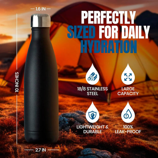 FreshH2OSource Triple-Wall Black Insulated Water Bottle – 17oz Stainless Steel, Leak-Proof, Cold 24H / Hot 12H