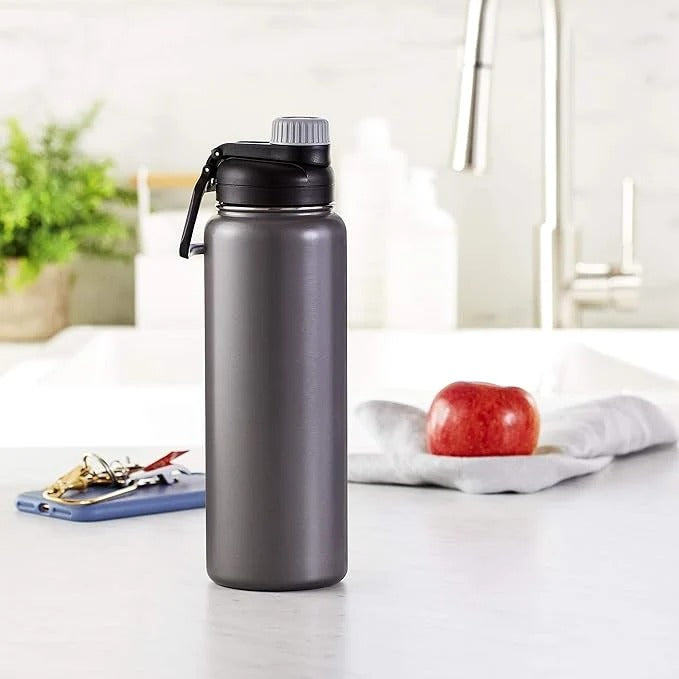 FreshH2OSource Large Stainless Steel Water Bottle with Spout Lid – 30oz, Gray