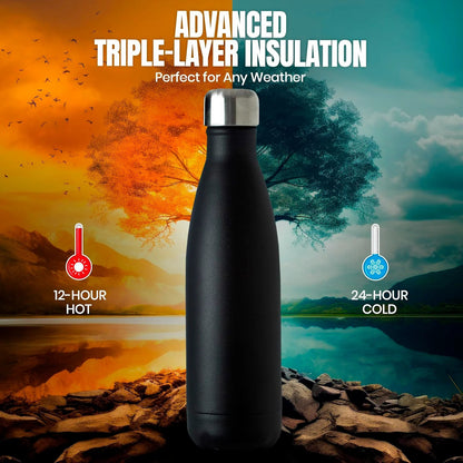 FreshH2OSource Triple-Wall Black Insulated Water Bottle – 17oz Stainless Steel, Leak-Proof, Cold 24H / Hot 12H