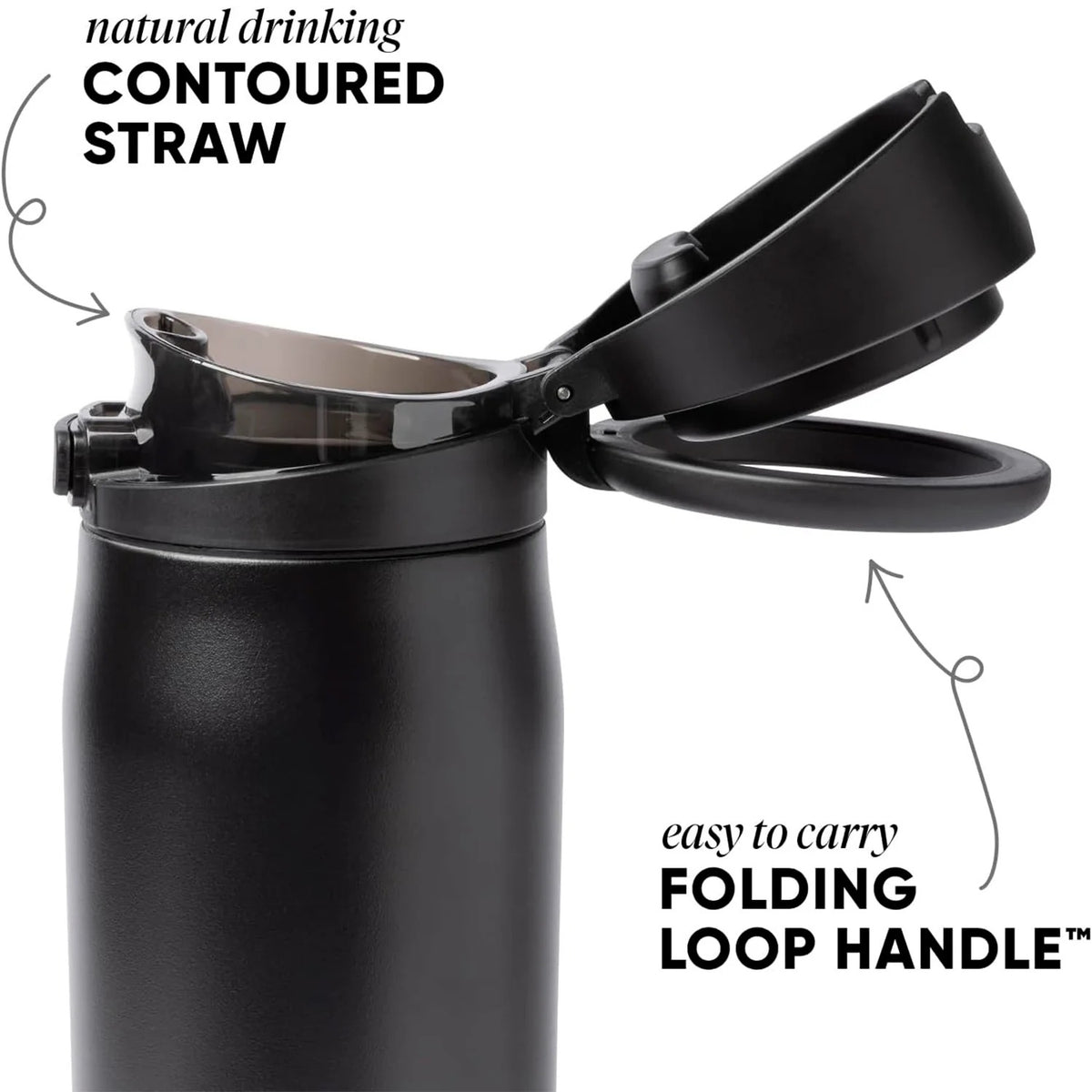 FreshH2OSource Mesa Loop Stainless Steel Water Bottle with Straw – 24oz Midnight Black, Cupholder Friendly
