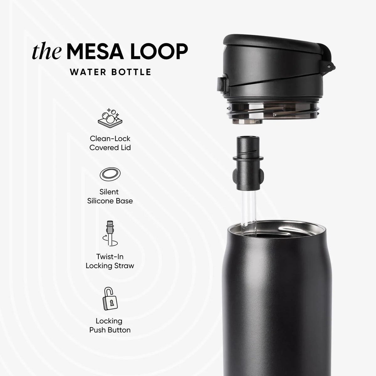 FreshH2OSource Mesa Loop Stainless Steel Water Bottle with Straw – 24oz Midnight Black, Cupholder Friendly
