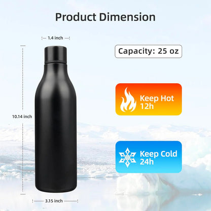 FreshH2OSource Black Insulated Water Bottle with Strap – 25oz Stainless Steel, Leak-Proof and Portable